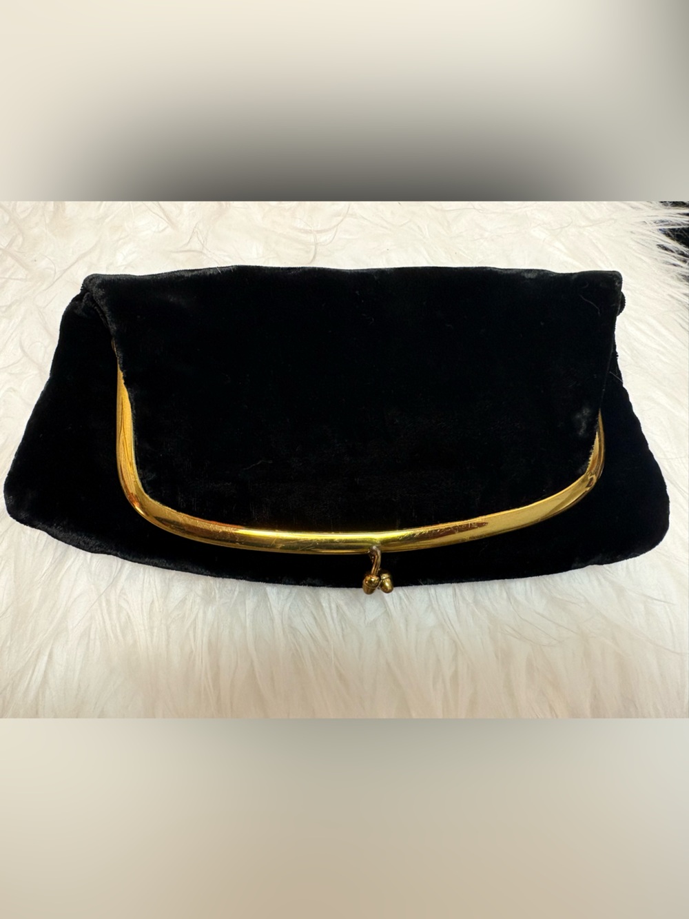 Glamor Ingber Purse Vintage Black Velvet Clutch Bag Gold Hardware Peach Satin